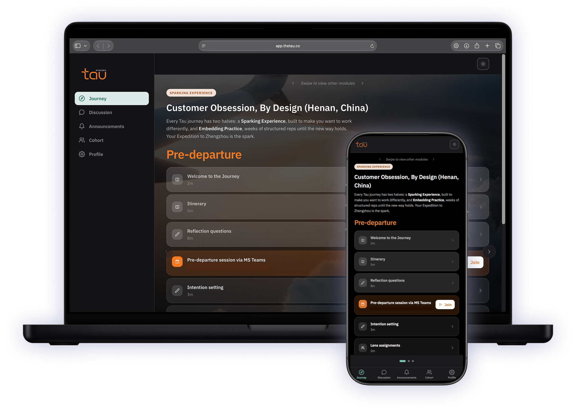 The Tau app on laptop and phone